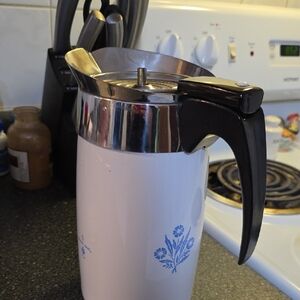 Classic White Coffee Percolator with Blue Floral Design